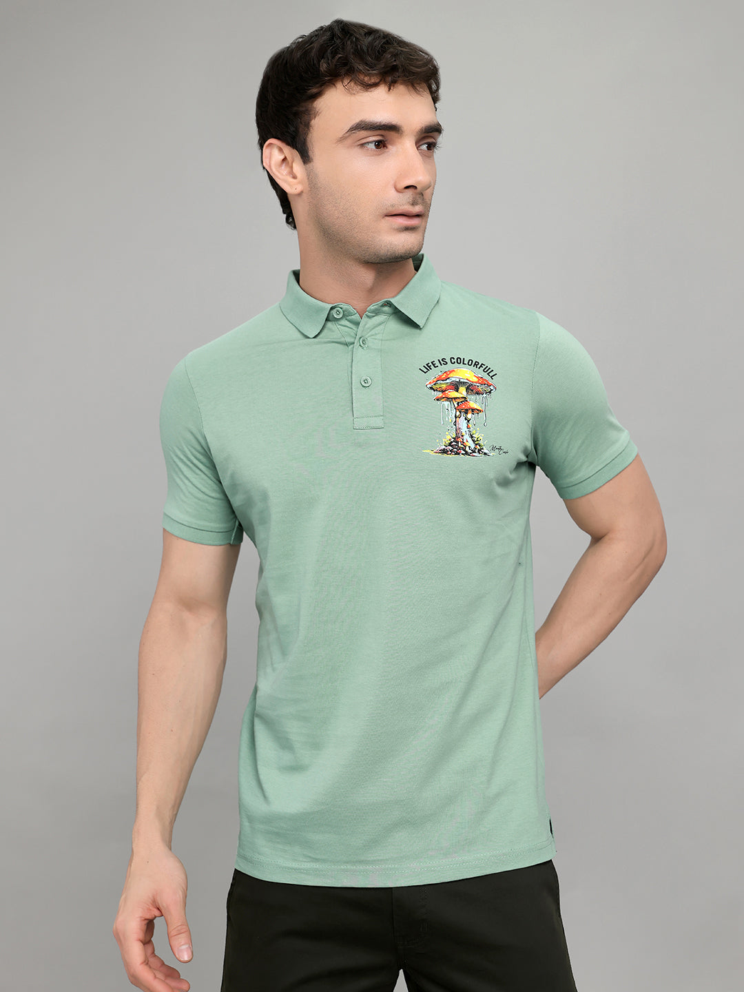 Men Green Printed Collar Half Sleeve T-Shirt