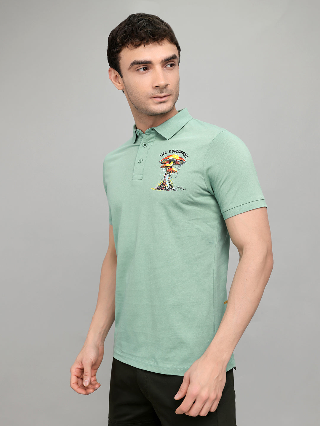 Men Green Printed Collar Half Sleeve T-Shirt