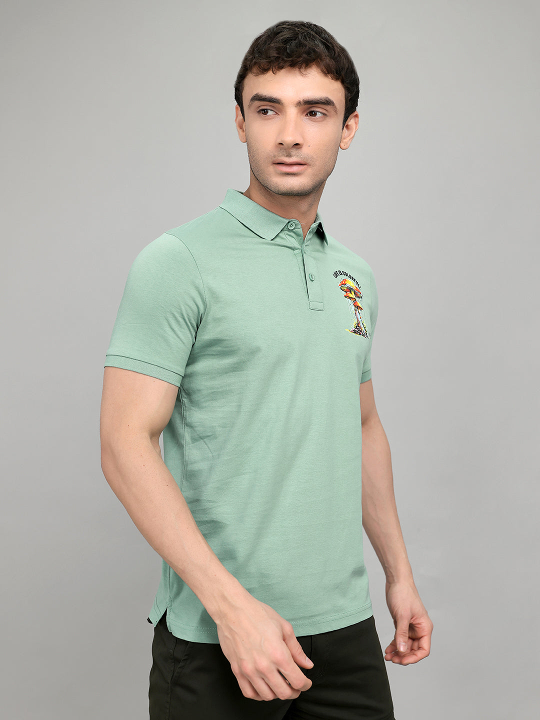 Men Green Printed Collar Half Sleeve T-Shirt