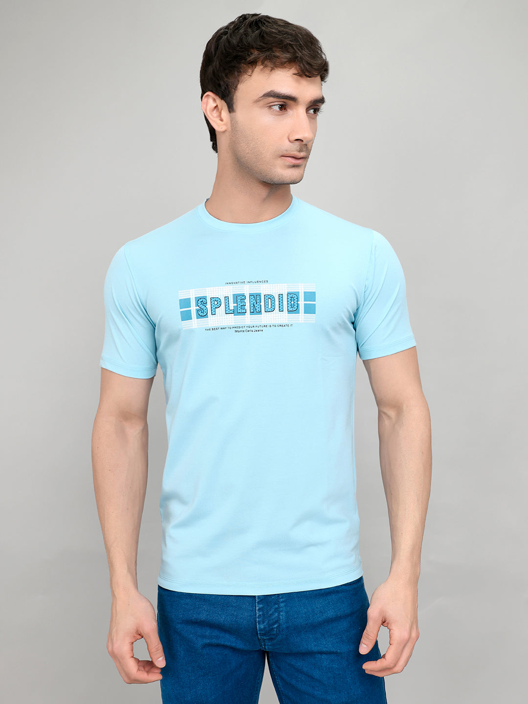 Men Sky Blue Printed Round Neck Half Sleeve T-Shirt