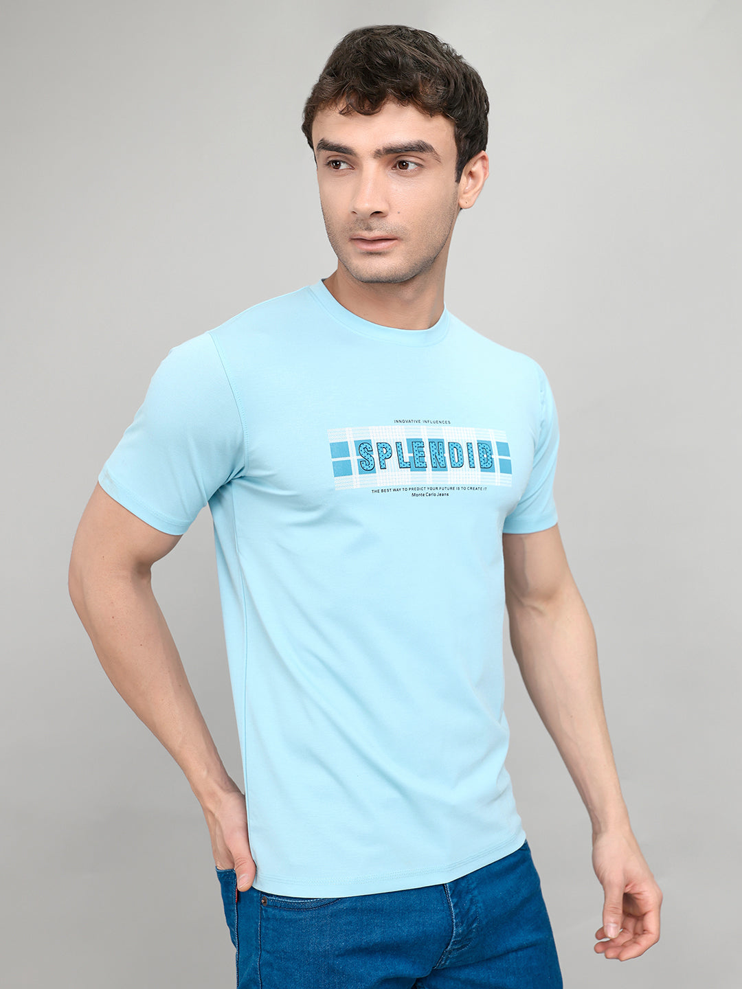 Men Sky Blue Printed Round Neck Half Sleeve T-Shirt