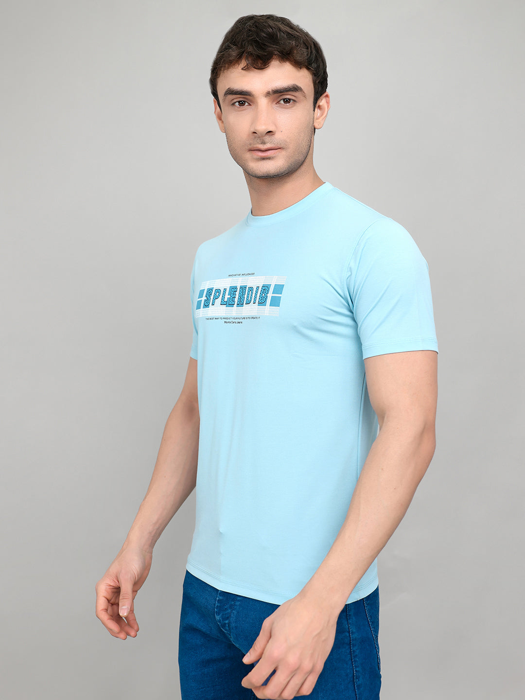 Men Sky Blue Printed Round Neck Half Sleeve T-Shirt