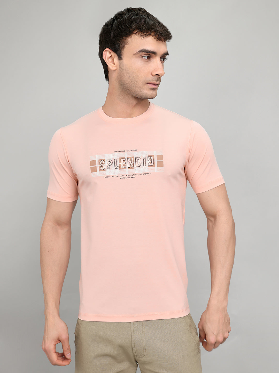 Men Peach Printed Round Neck Half Sleeve T-Shirt