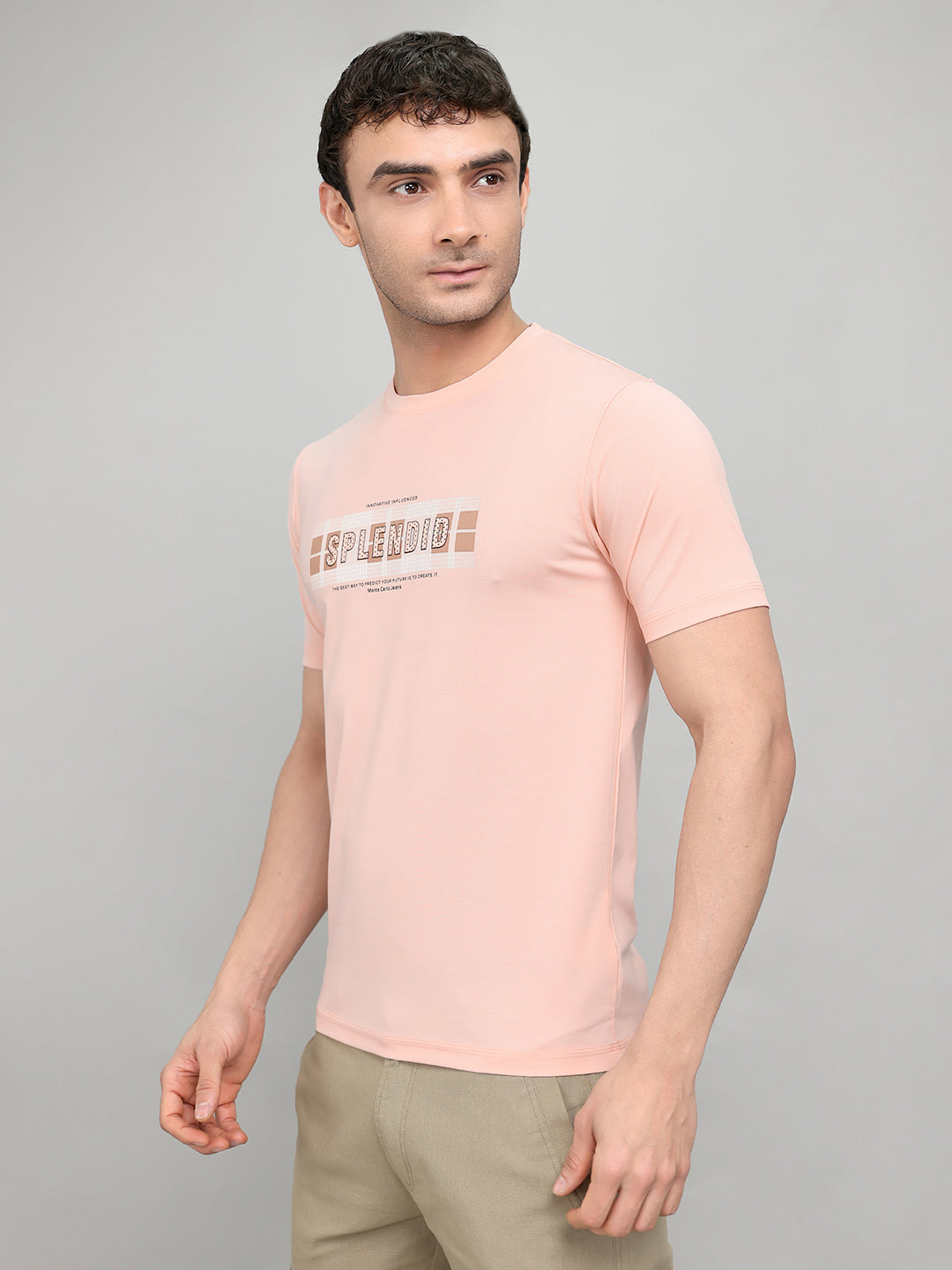 Men Peach Printed Round Neck Half Sleeve T-Shirt
