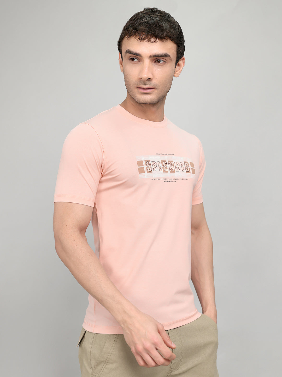 Men Peach Printed Round Neck Half Sleeve T-Shirt