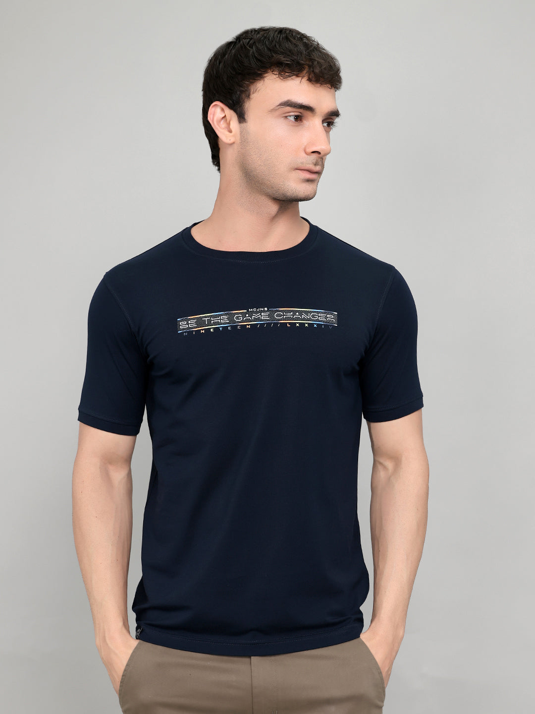 Men Navy Blue Printed Round Neck Half Sleeve T-Shirt