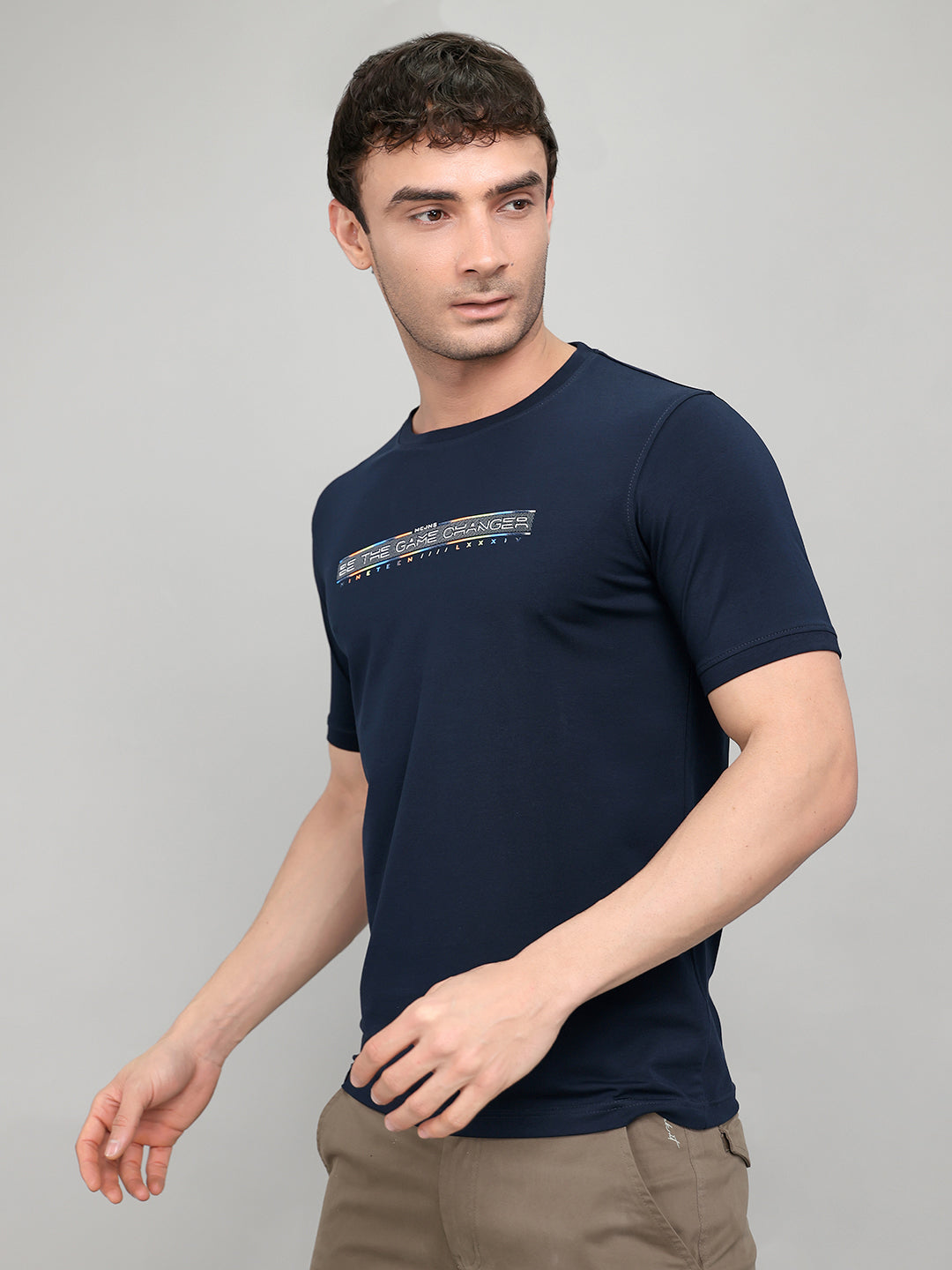 Men Navy Blue Printed Round Neck Half Sleeve T-Shirt