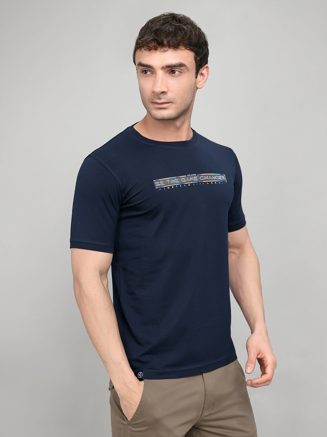 Men Navy Blue Printed Round Neck Half Sleeve T-Shirt