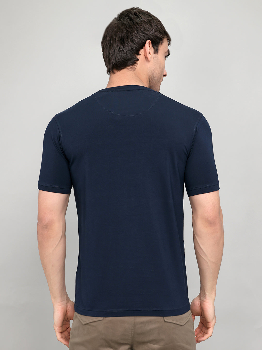 Men Navy Blue Printed Round Neck Half Sleeve T-Shirt