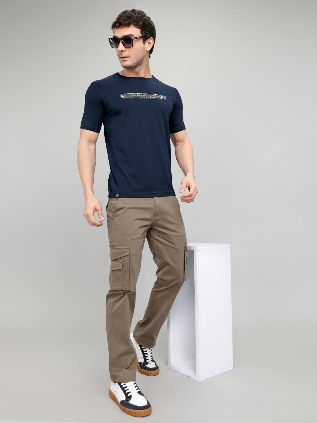 Men Navy Blue Printed Round Neck Half Sleeve T-Shirt