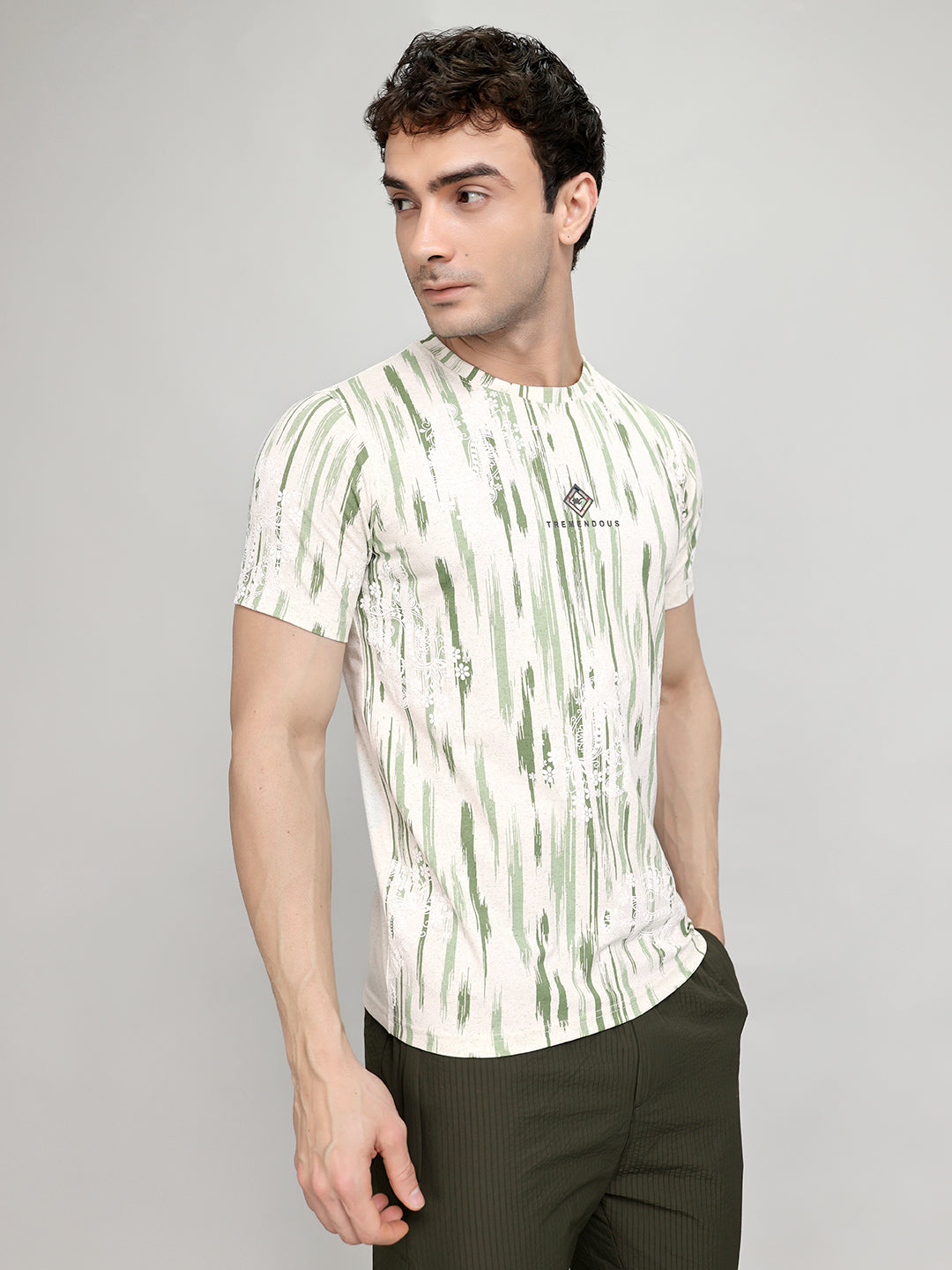 Men Green Printed Round Neck Half Sleeve T-Shirt