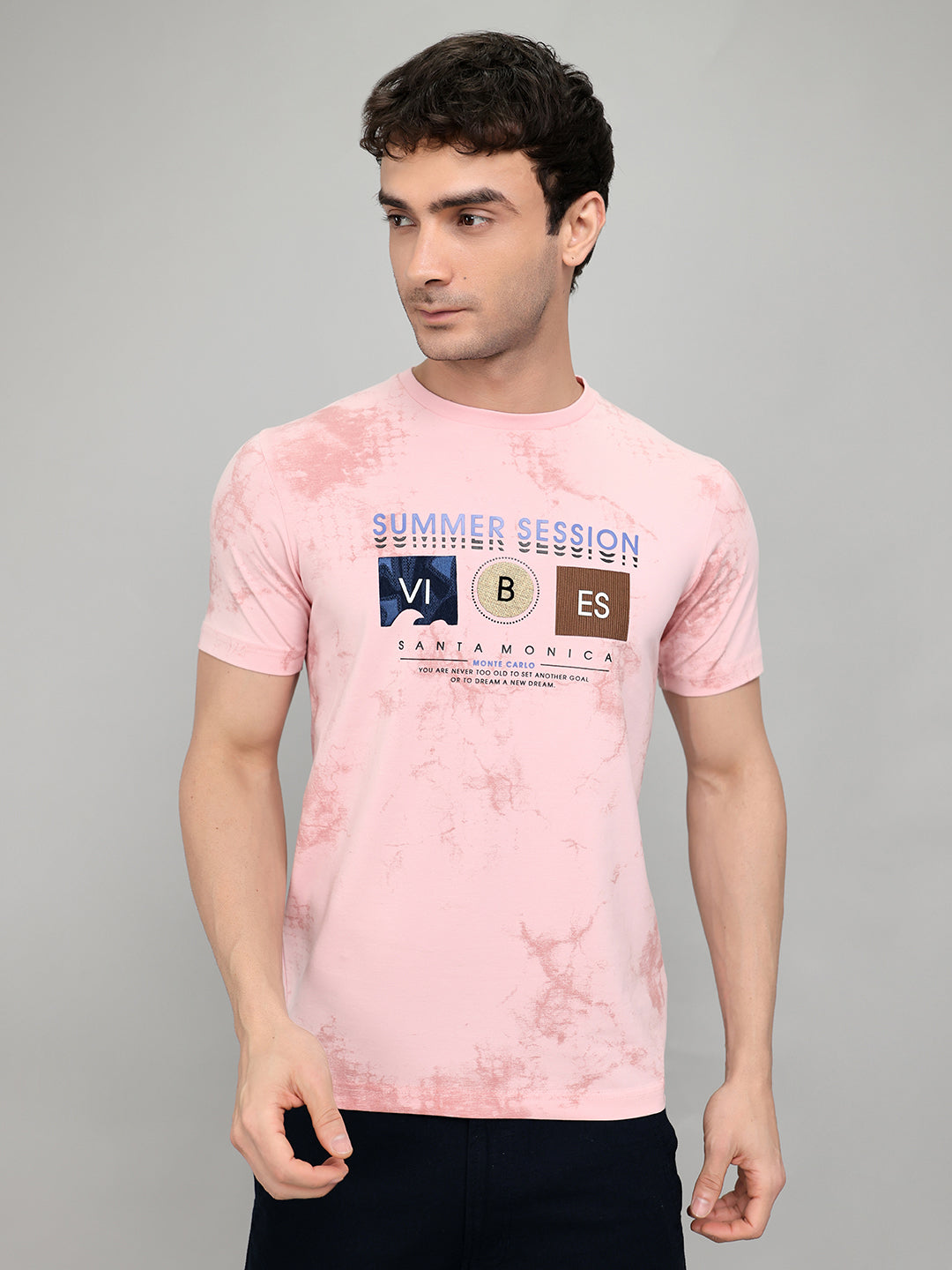 Men Pink Printed Round Neck Half Sleeve T-Shirt