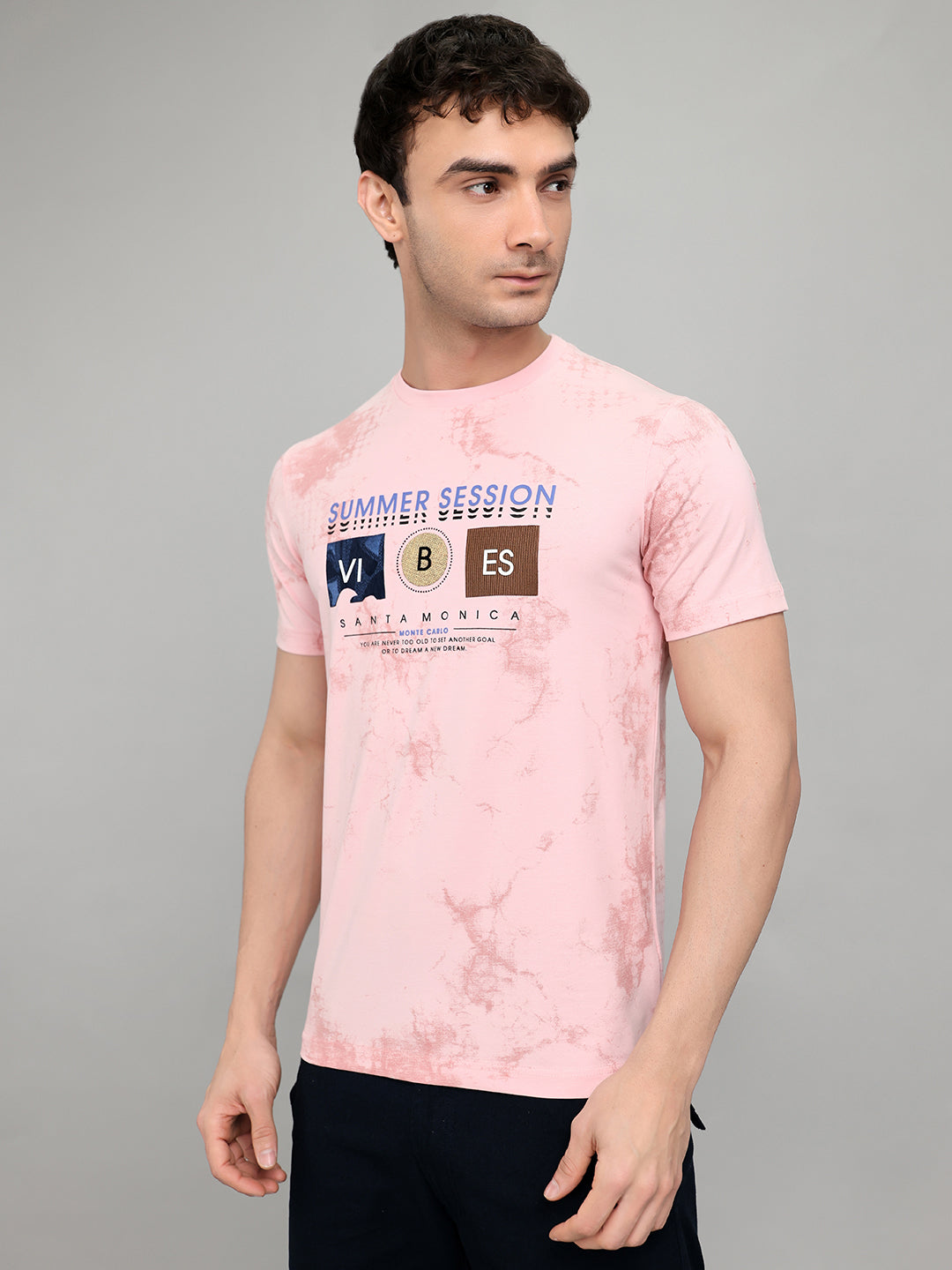 Men Pink Printed Round Neck Half Sleeve T-Shirt