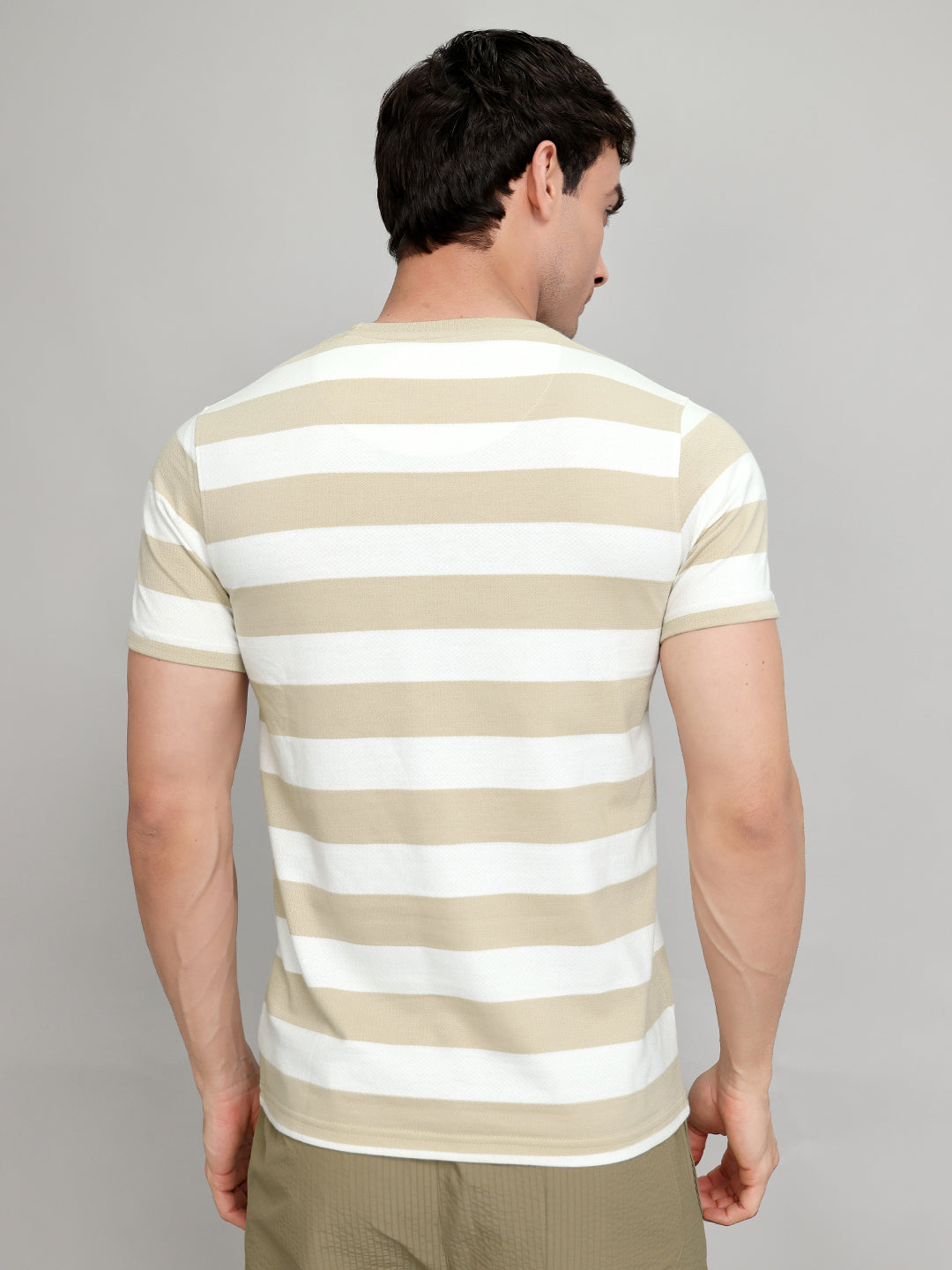 Men Beige Stripe Round Neck Half Sleeve T-Shirt