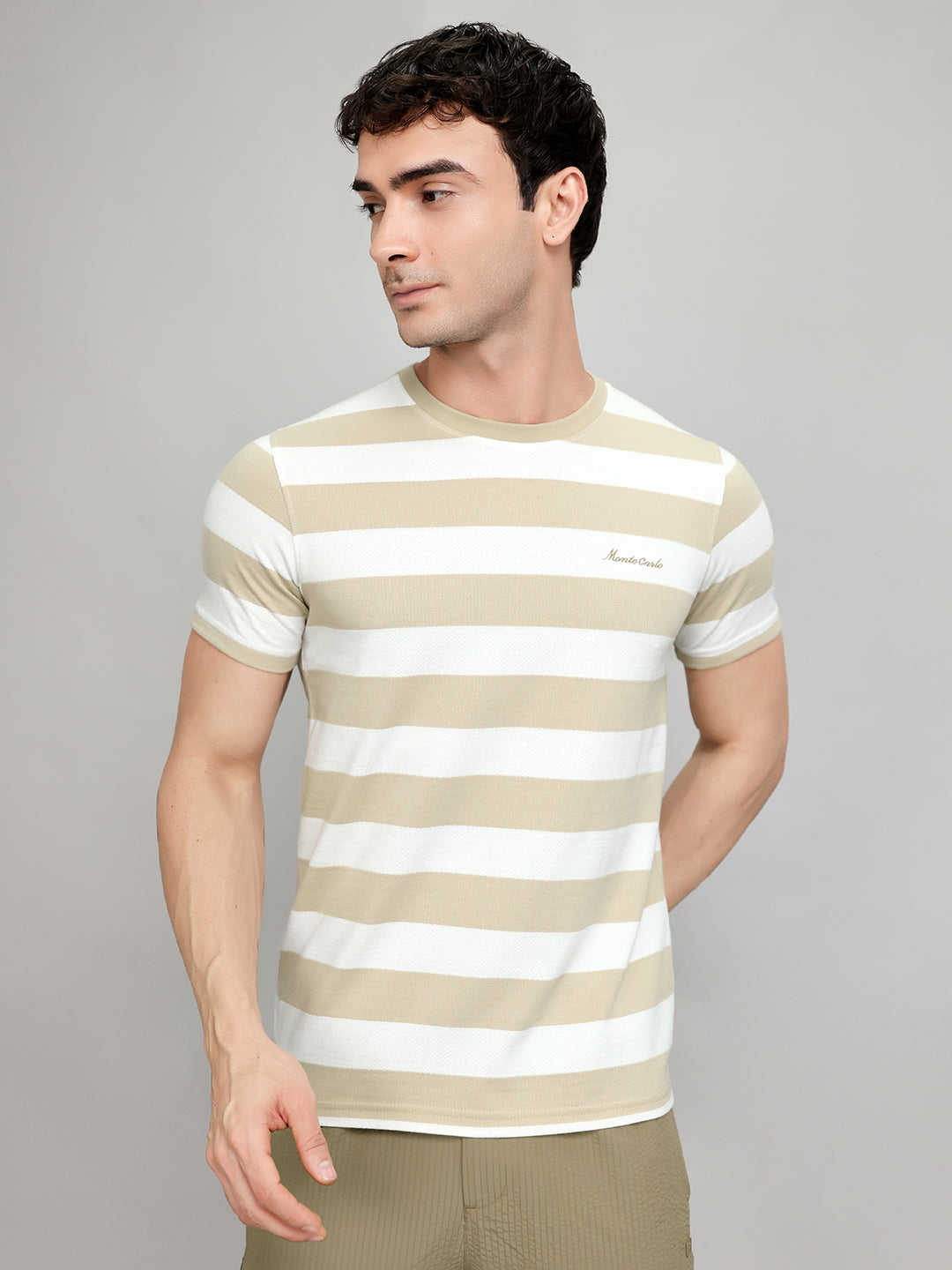 Men Beige Stripe Round Neck Half Sleeve T-Shirt