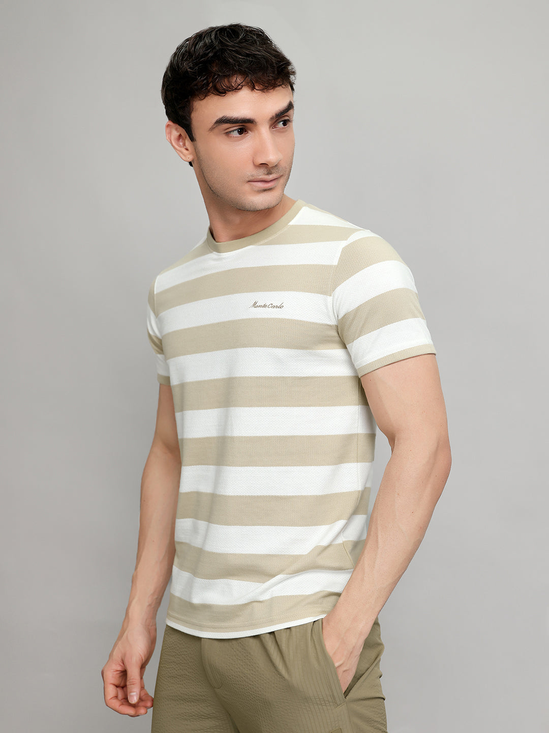 Men Beige Stripe Round Neck Half Sleeve T-Shirt