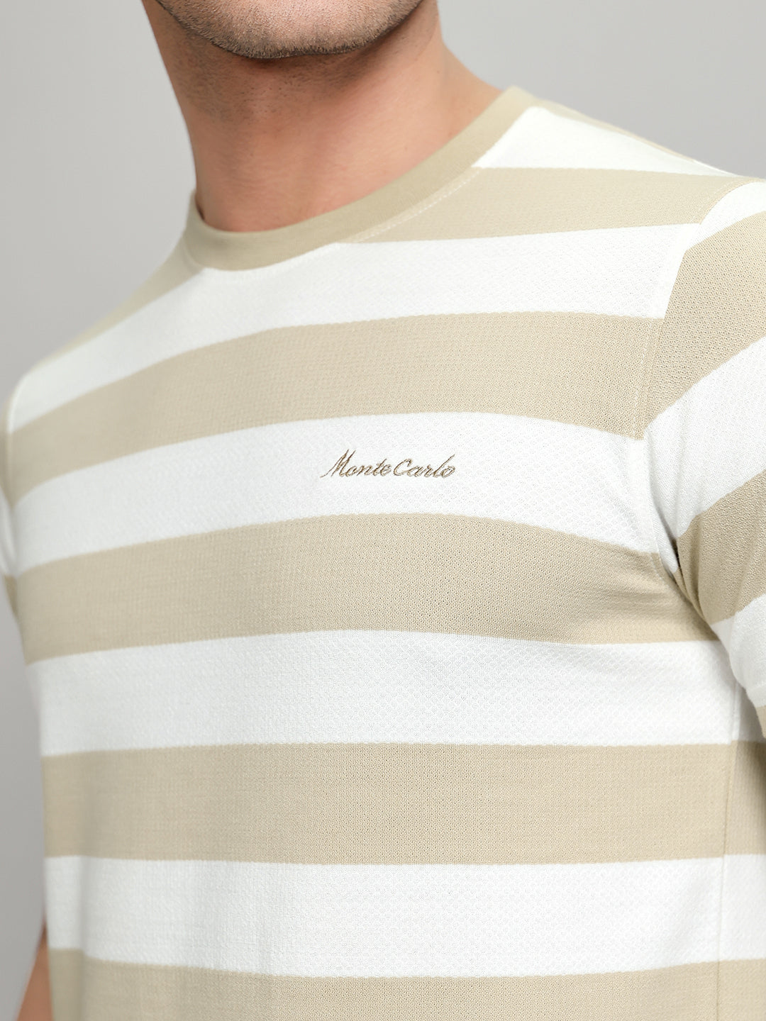 Men Beige Stripe Round Neck Half Sleeve T-Shirt