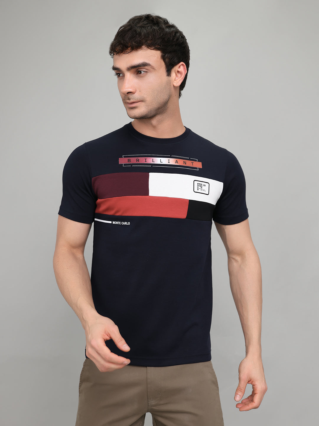 Men Navy Blue Printed Round Neck Half Sleeve T-Shirt