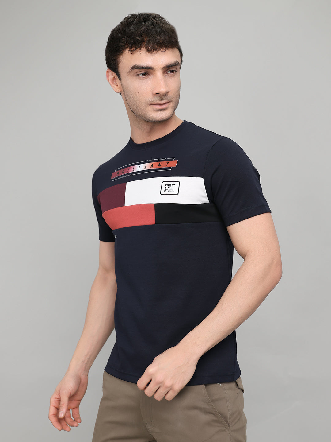 Men Navy Blue Printed Round Neck Half Sleeve T-Shirt