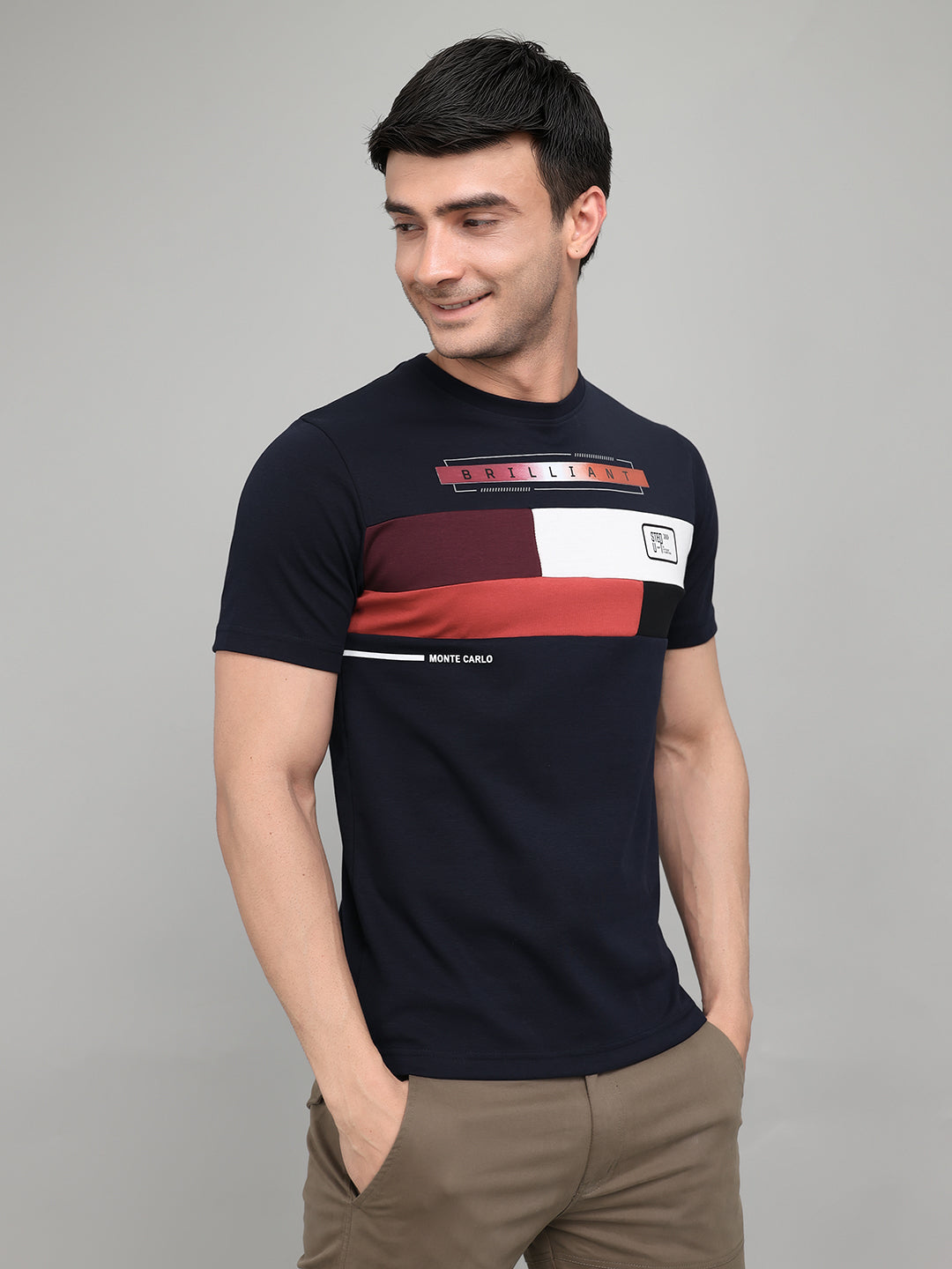 Men Navy Blue Printed Round Neck Half Sleeve T-Shirt