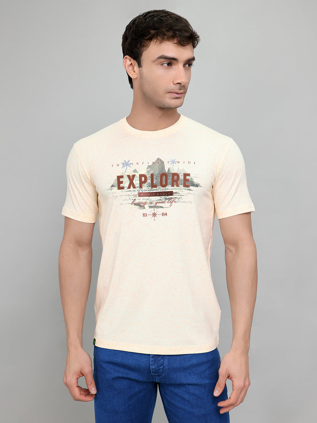 Men Beige Printed Round Neck Half Sleeve T-Shirt