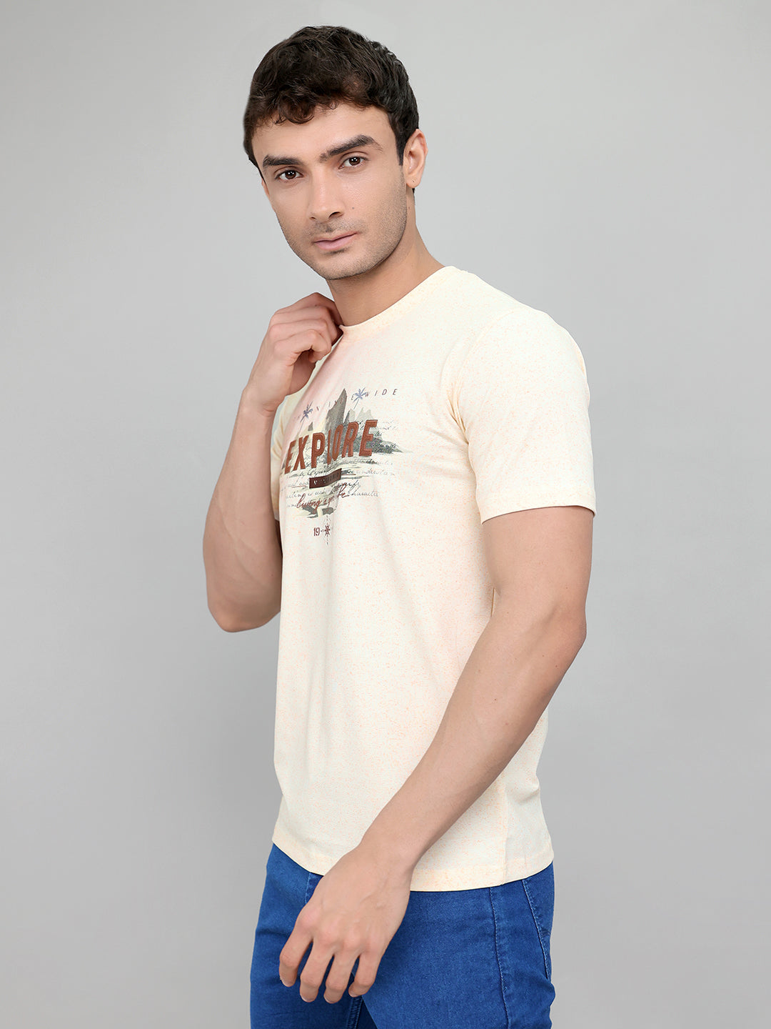 Men Beige Printed Round Neck Half Sleeve T-Shirt