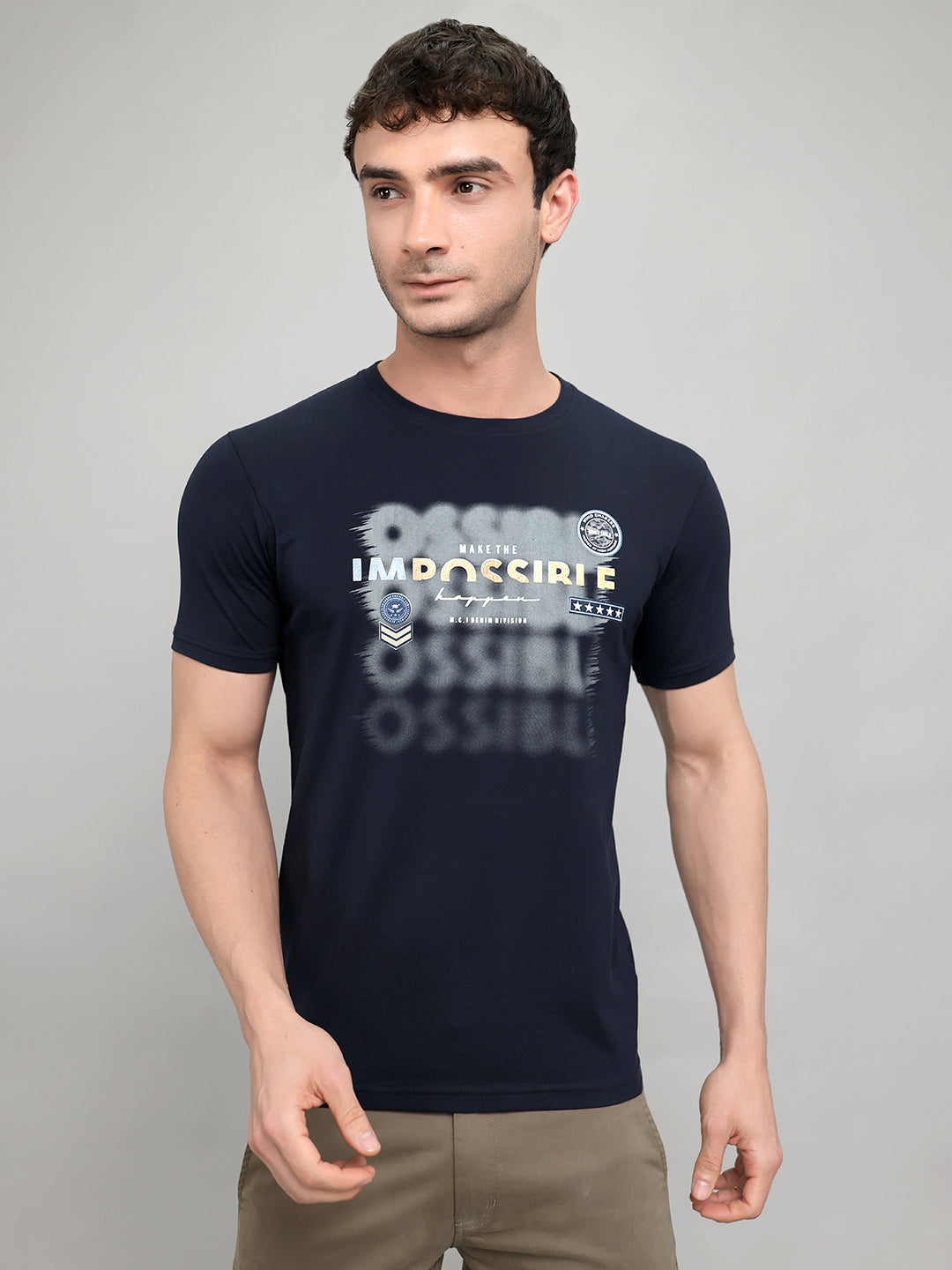 Men Navy Blue Printed Round Neck Half Sleeve T-Shirt