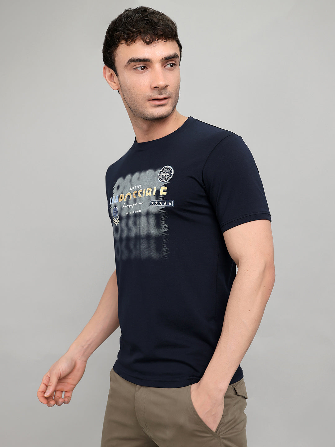 Men Navy Blue Printed Round Neck Half Sleeve T-Shirt