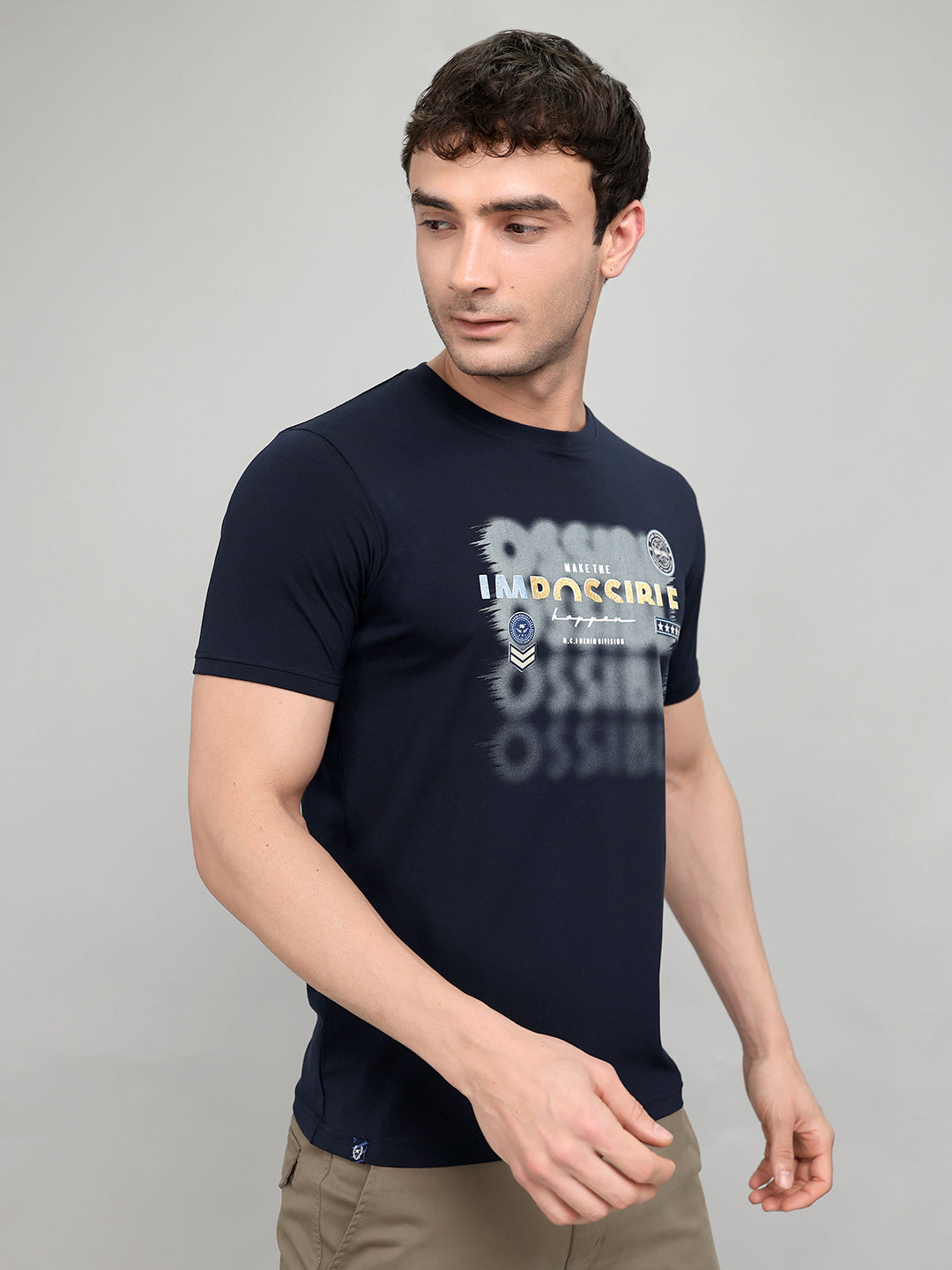Men Navy Blue Printed Round Neck Half Sleeve T-Shirt