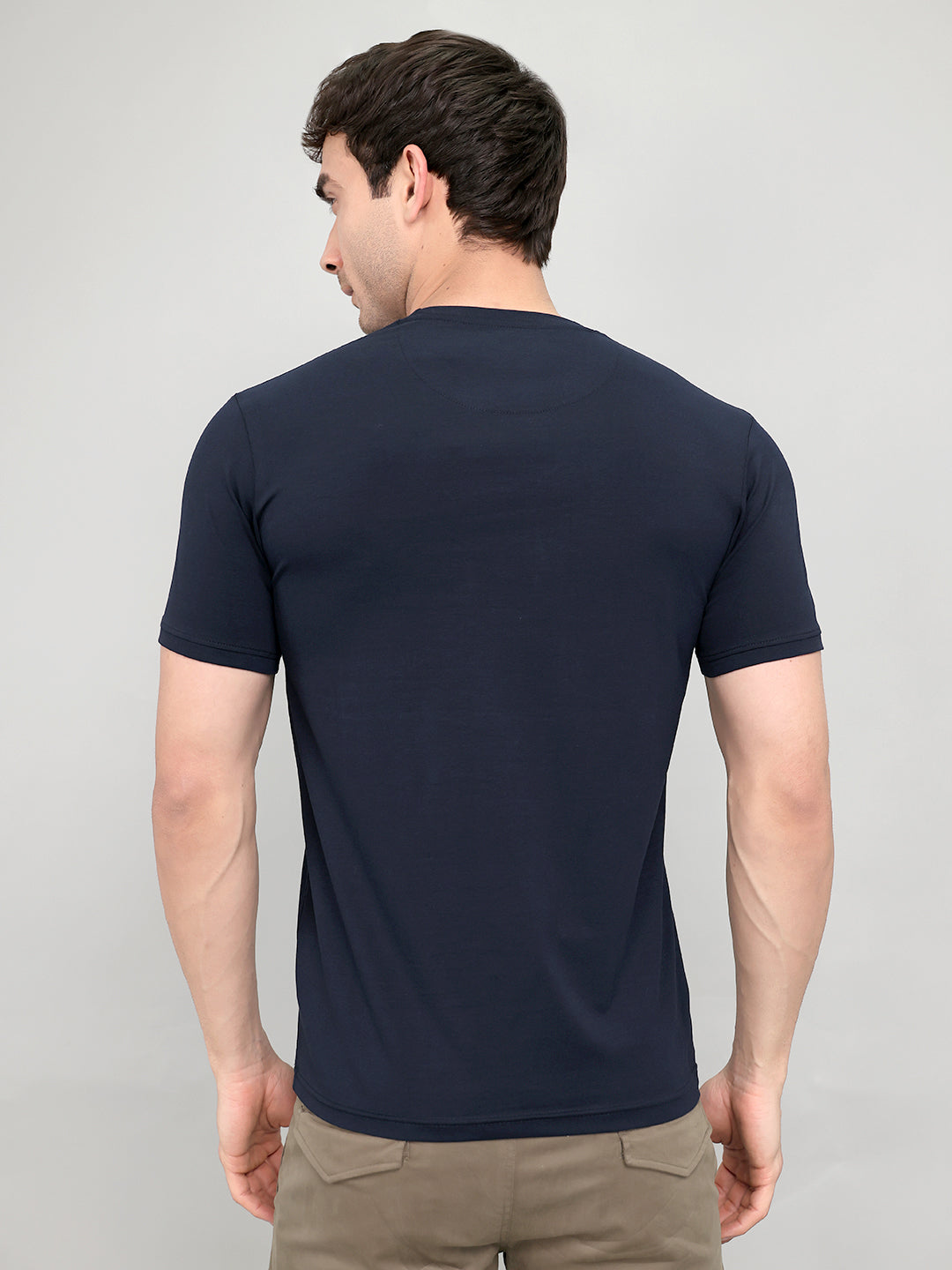 Men Navy Blue Printed Round Neck Half Sleeve T-Shirt