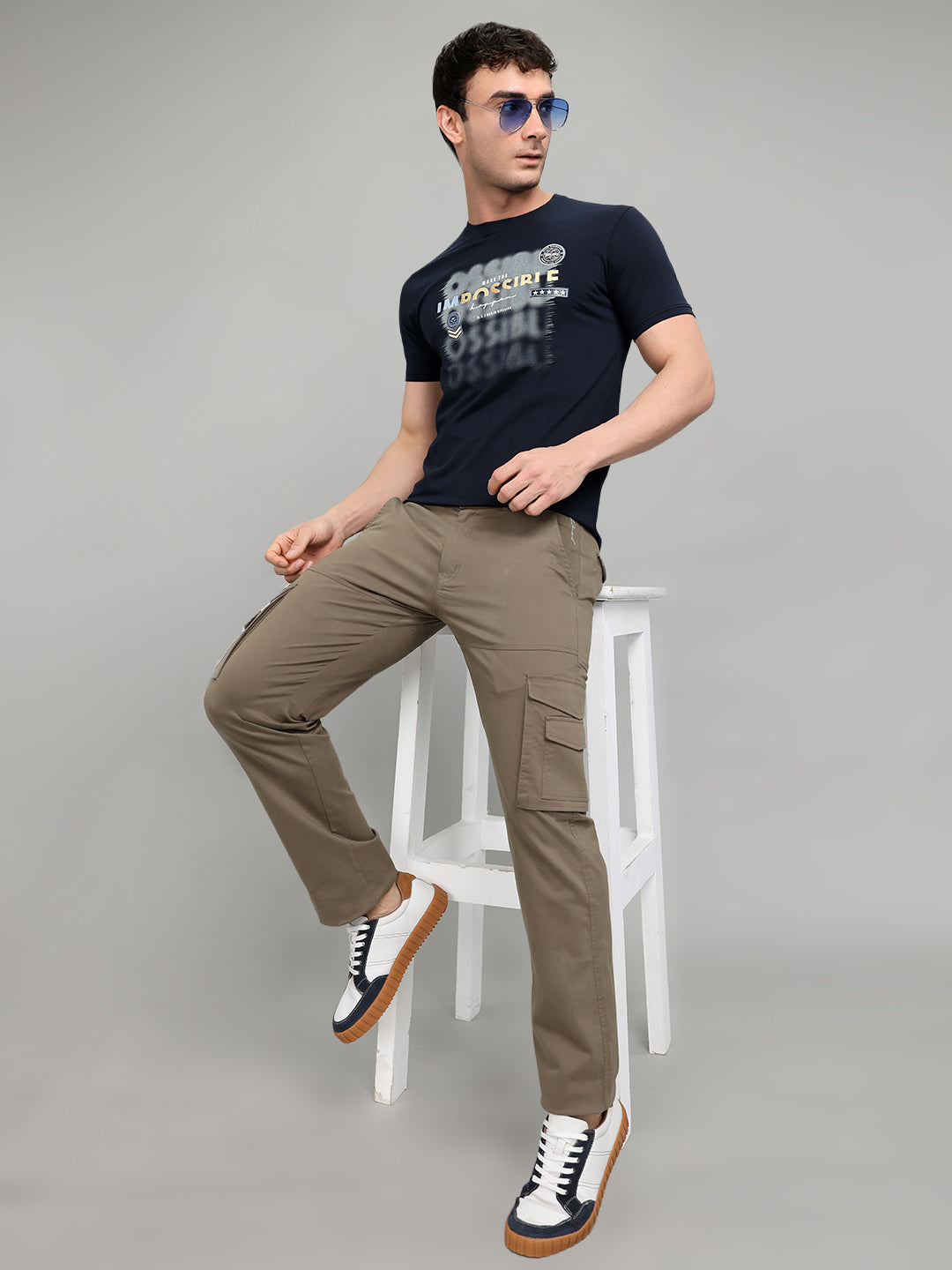 Men Navy Blue Printed Round Neck Half Sleeve T-Shirt