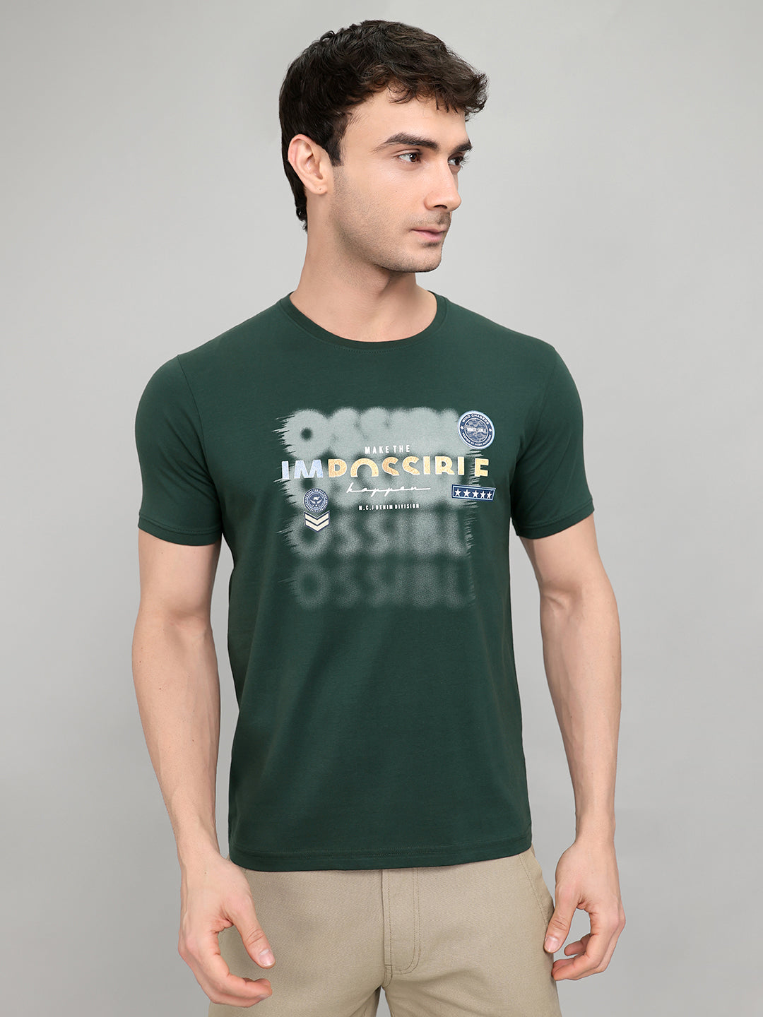 Men Green Printed Round Neck Half Sleeve T-Shirt