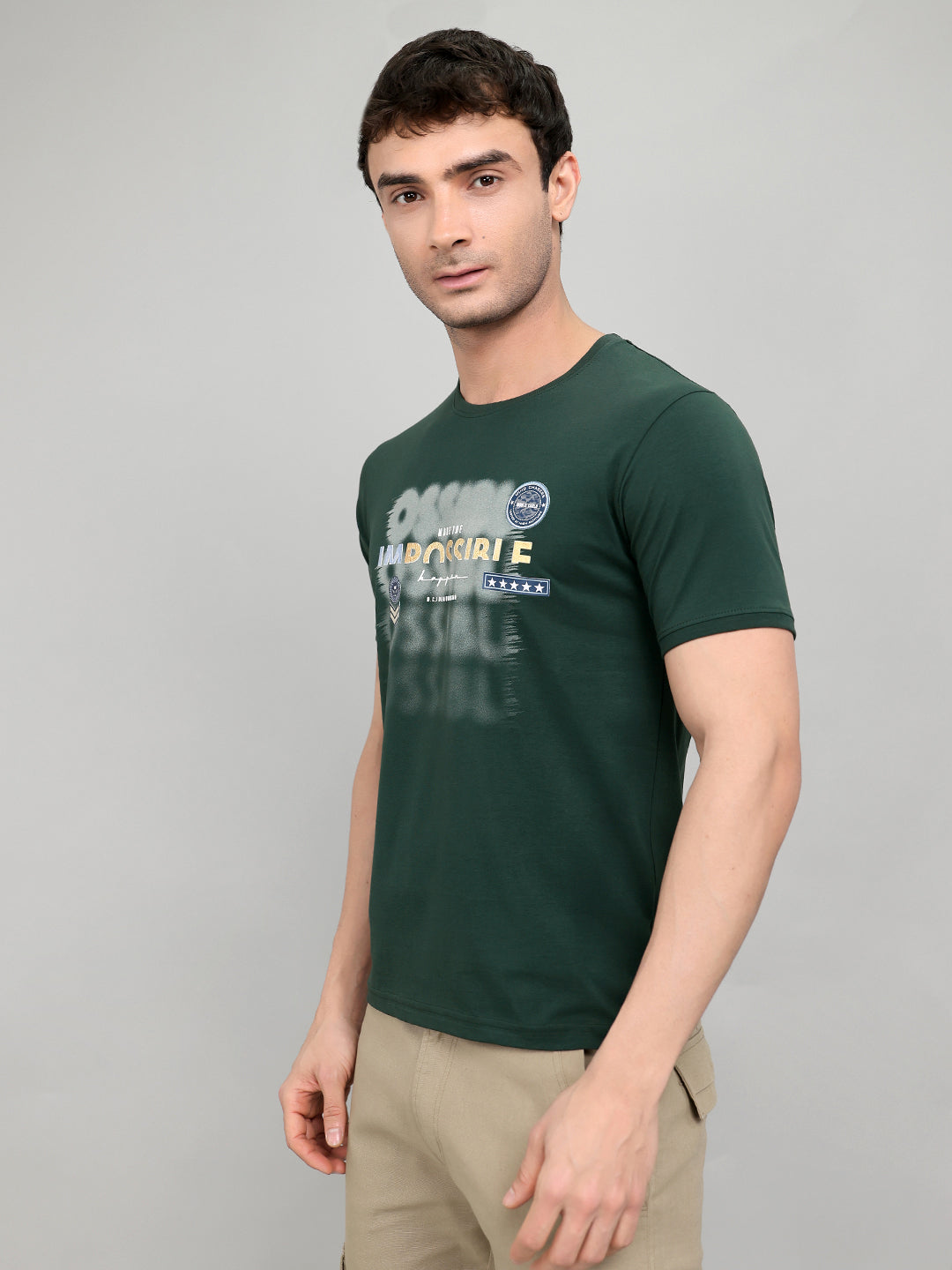 Men Green Printed Round Neck Half Sleeve T-Shirt