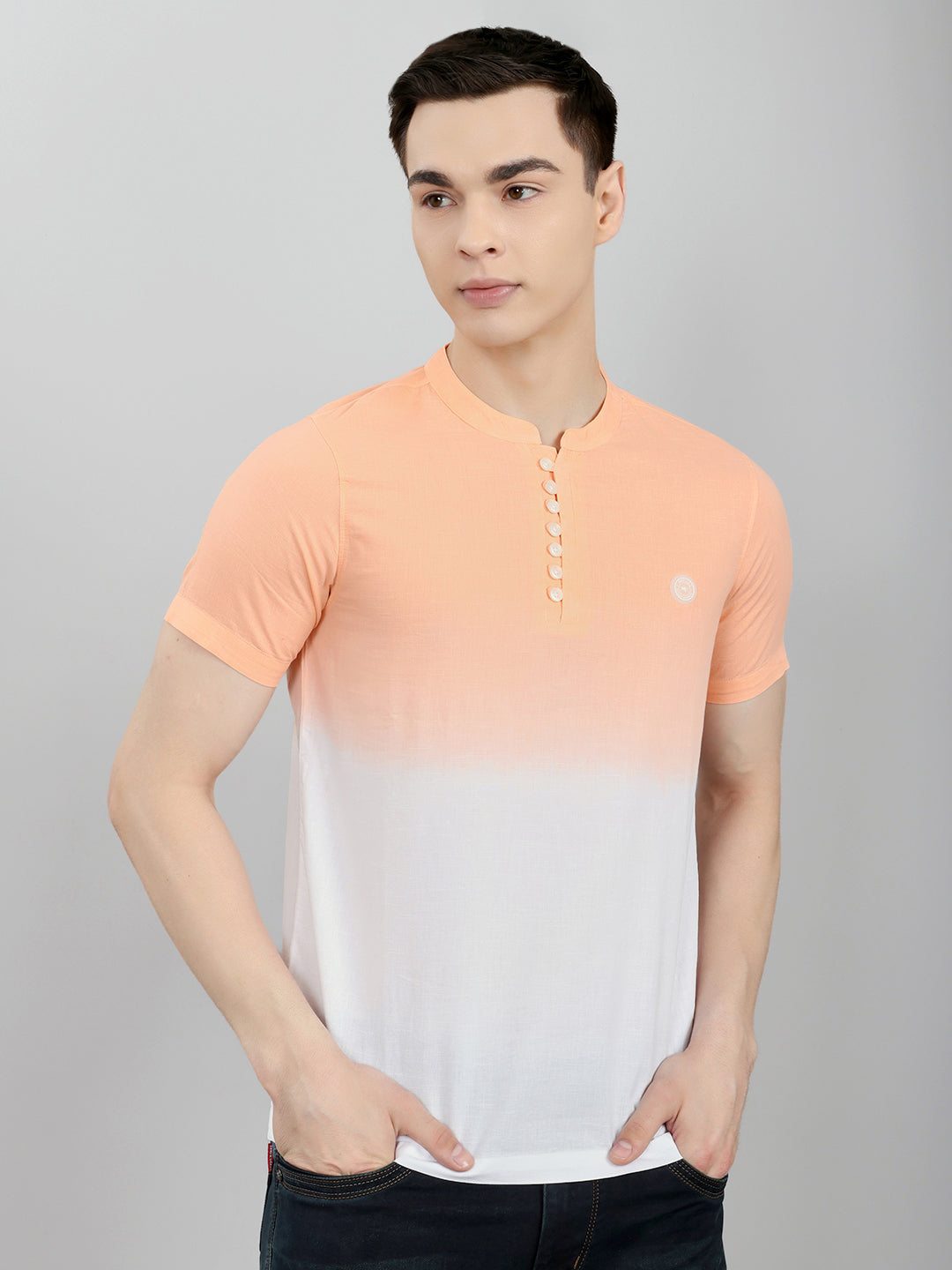 Men Peach Printed Henley Neck Half Sleeve T-Shirt