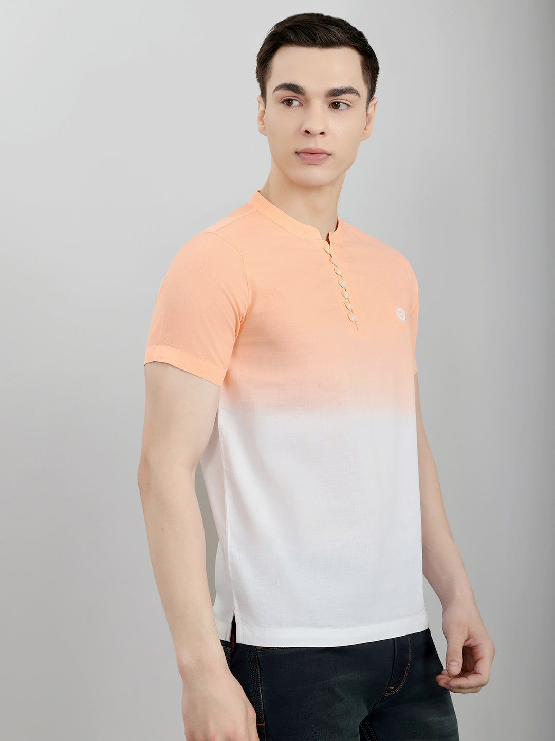 Men Peach Printed Henley Neck Half Sleeve T-Shirt