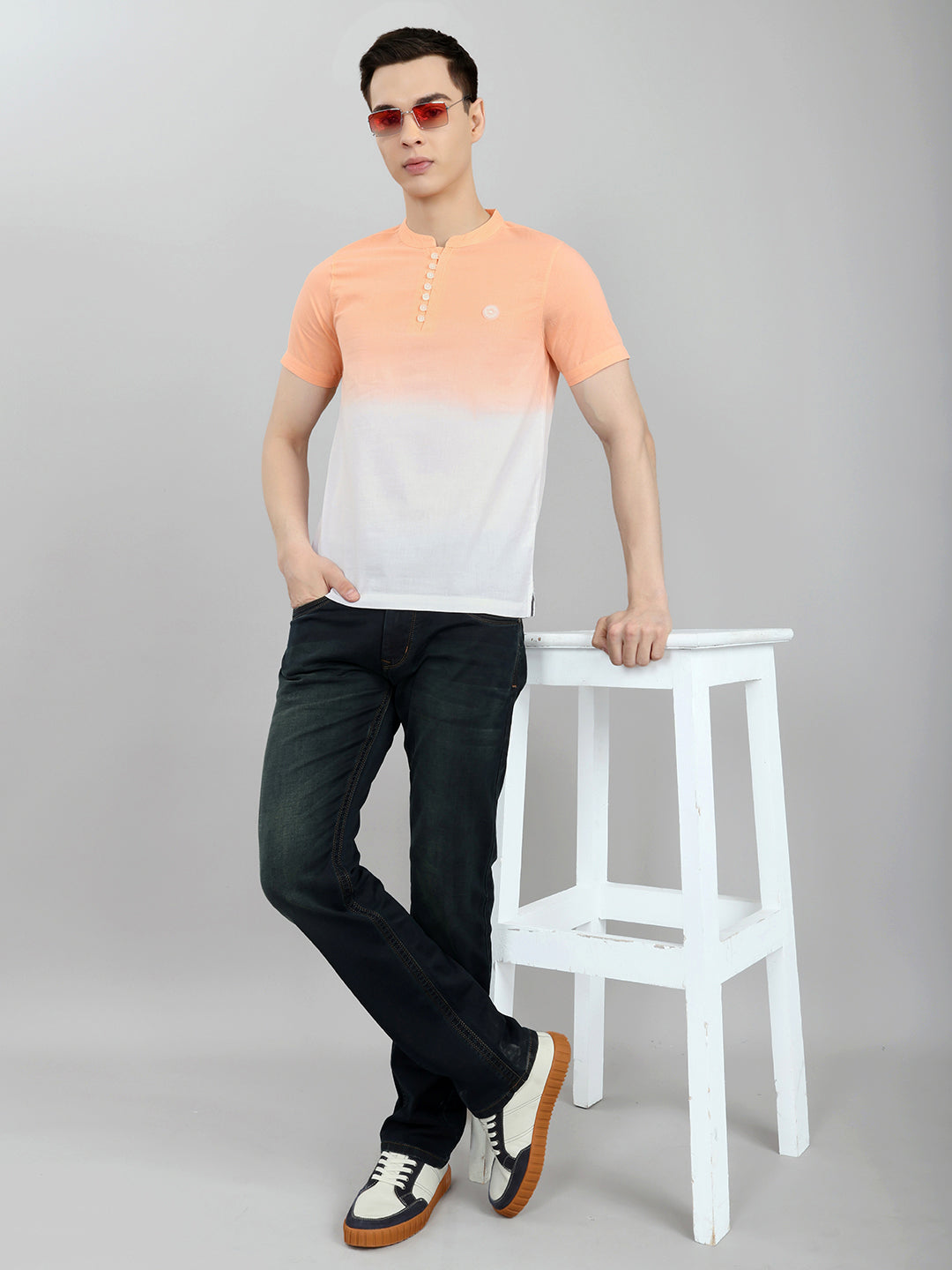 Men Peach Printed Henley Neck Half Sleeve T-Shirt