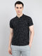 Men Black Printed Henley Neck Half Sleeve T-Shirt