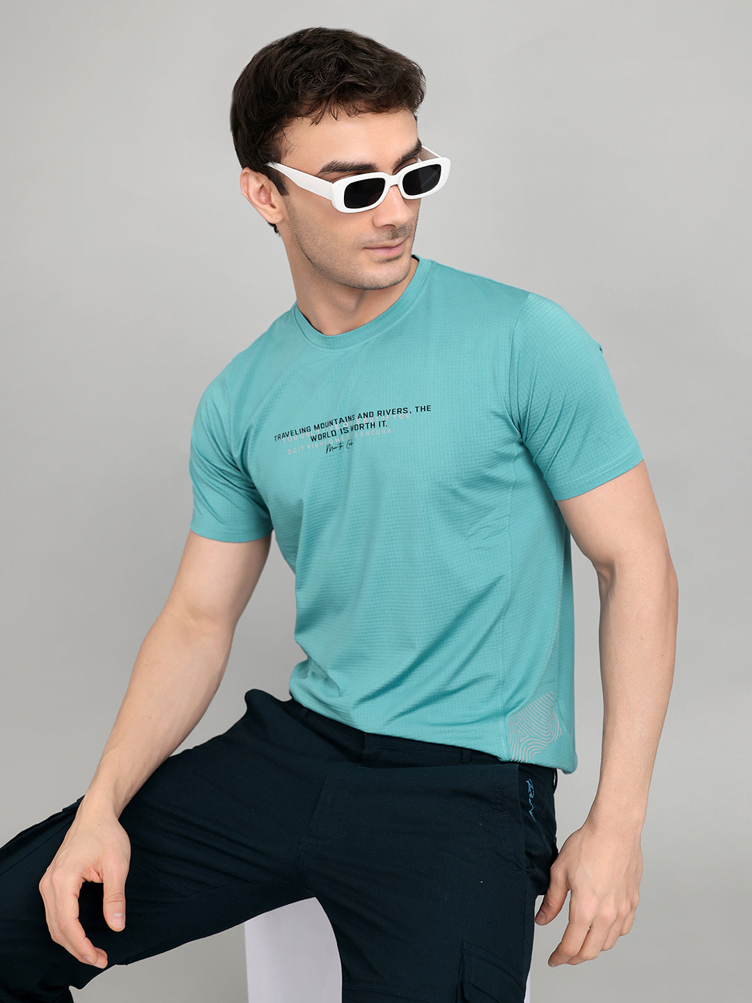 Men Blue Printed Round Neck Half Sleeve T-Shirt
