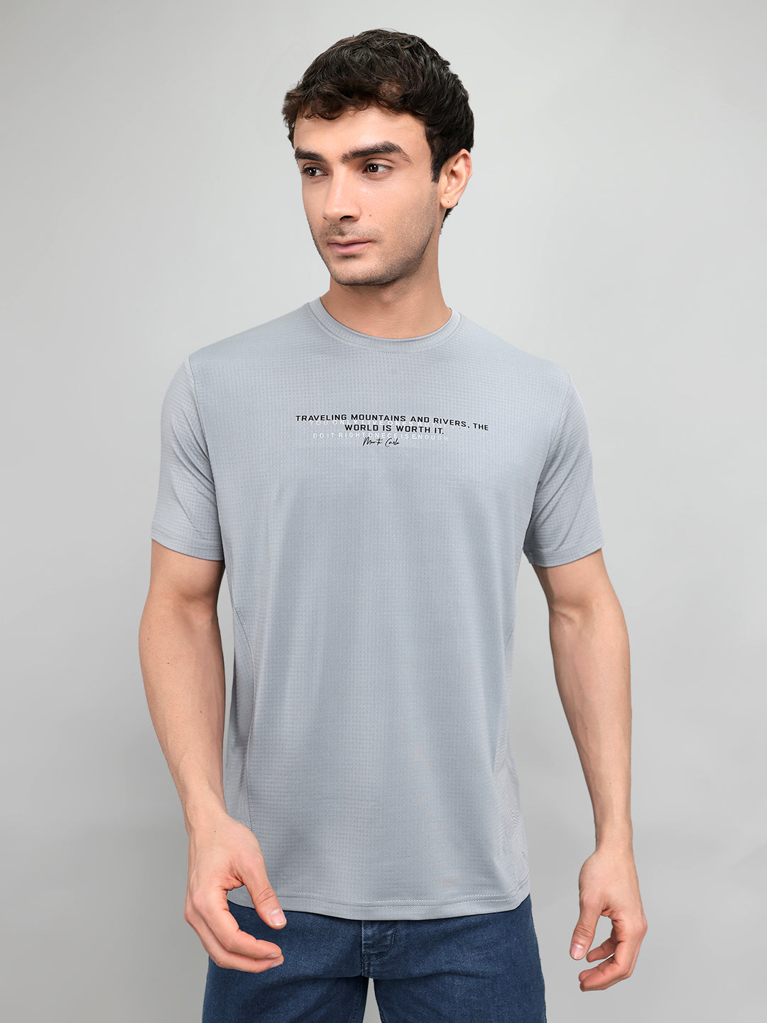 Men Grey Printed Round Neck Half Sleeve T-Shirt