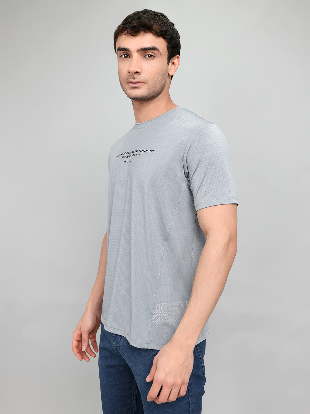 Men Grey Printed Round Neck Half Sleeve T-Shirt