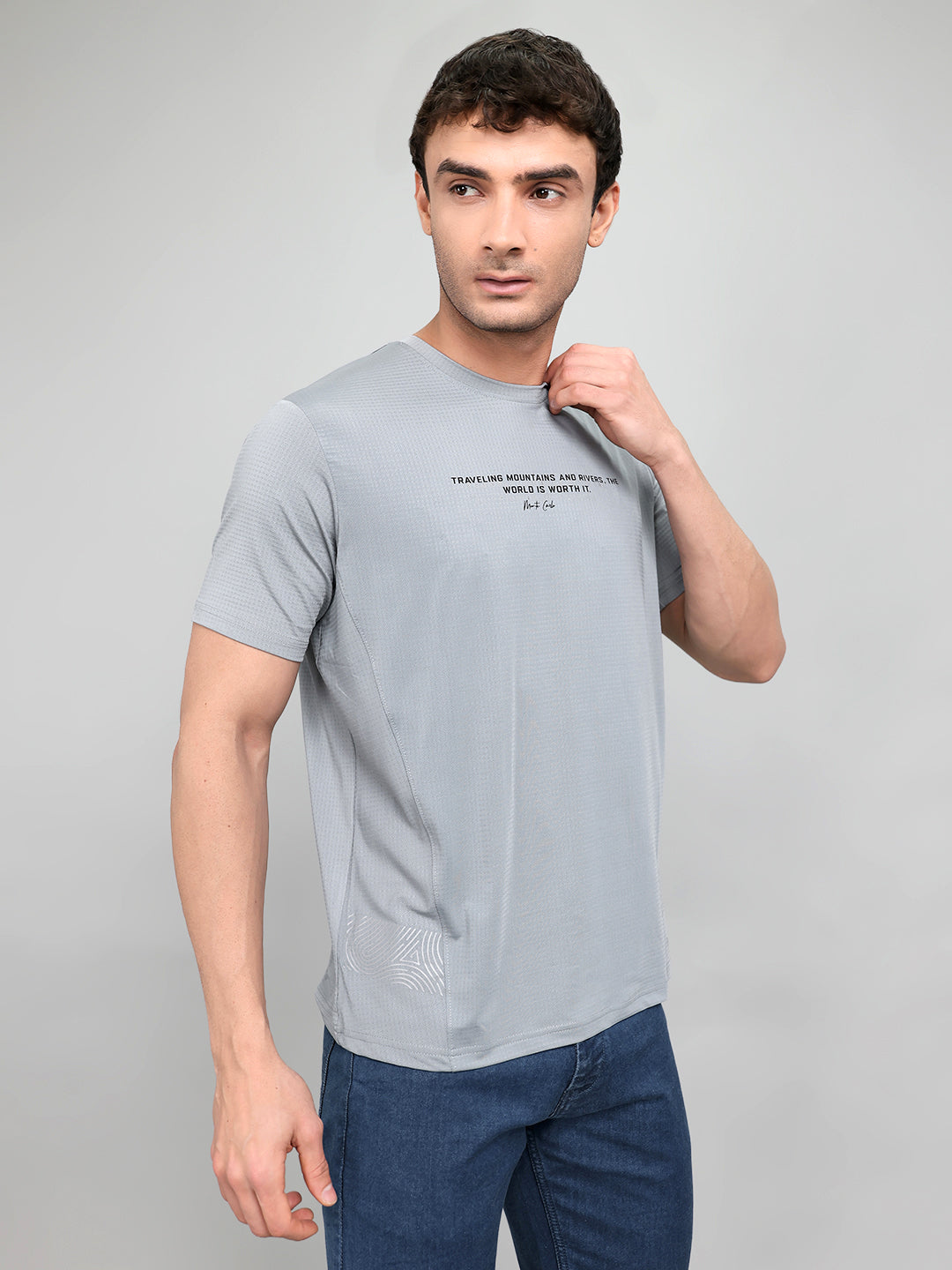Men Grey Printed Round Neck Half Sleeve T-Shirt