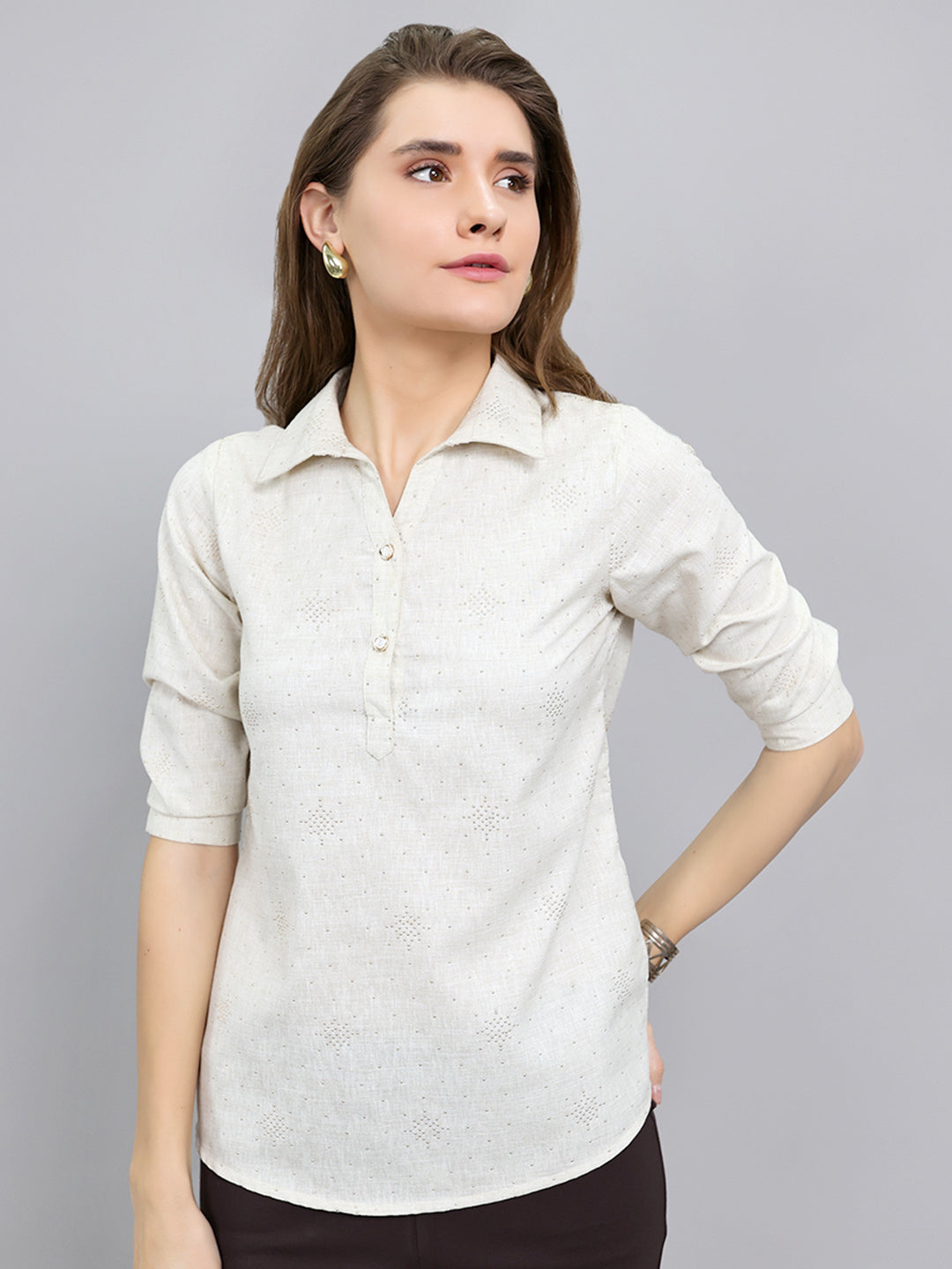 Women Beige Embellished Collar 3/4th Sleeve Top