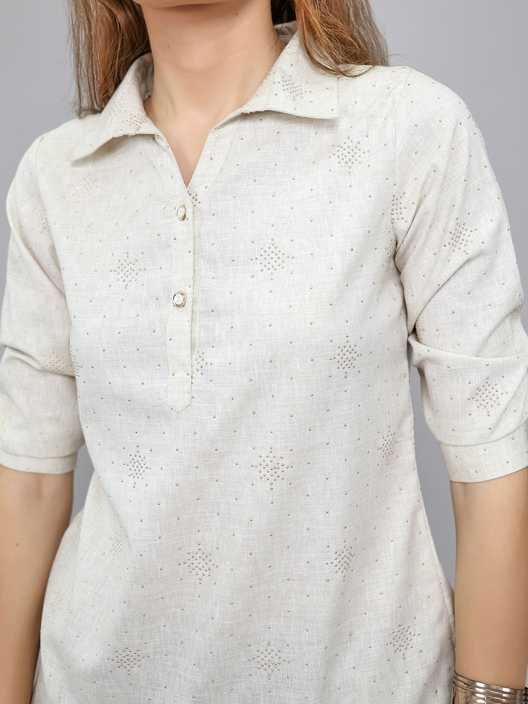 Women Beige Embellished Collar 3/4th Sleeve Top