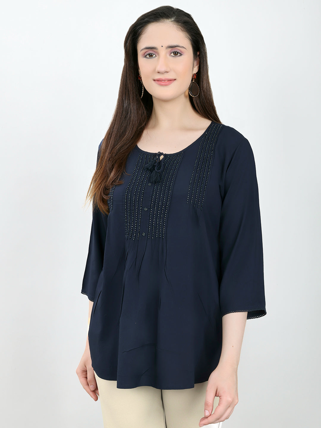 Women Navy Blue Embroidered Fashion Neck 3/4th Sleeve Top