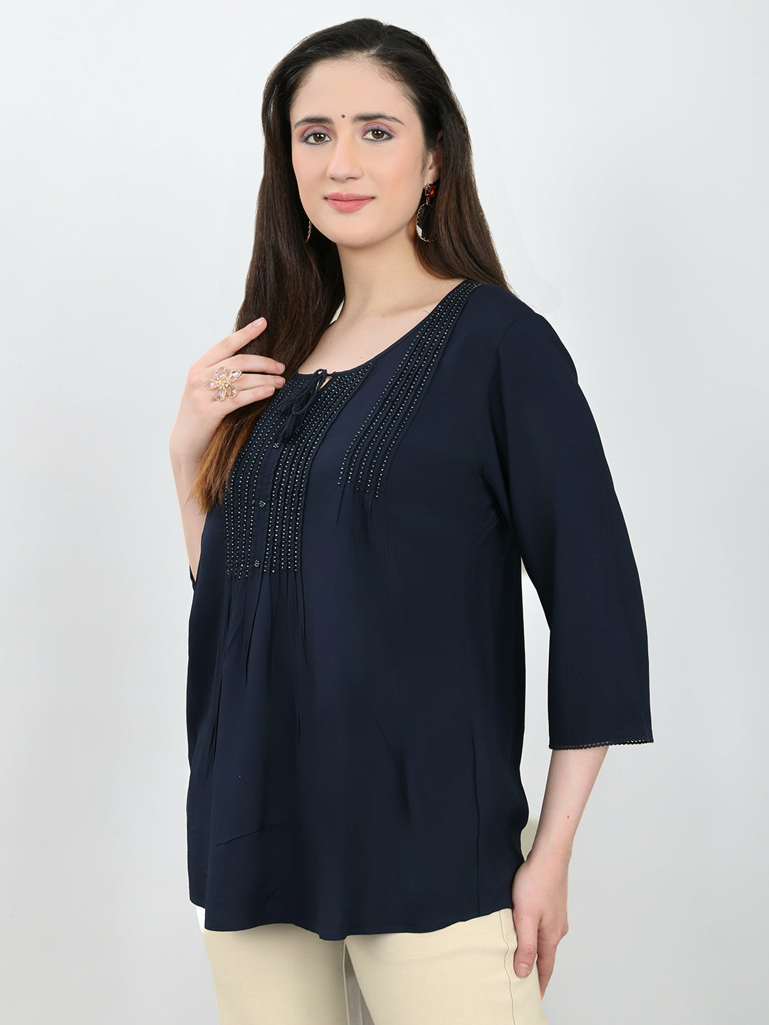 Women Navy Blue Embroidered Fashion Neck 3/4th Sleeve Top