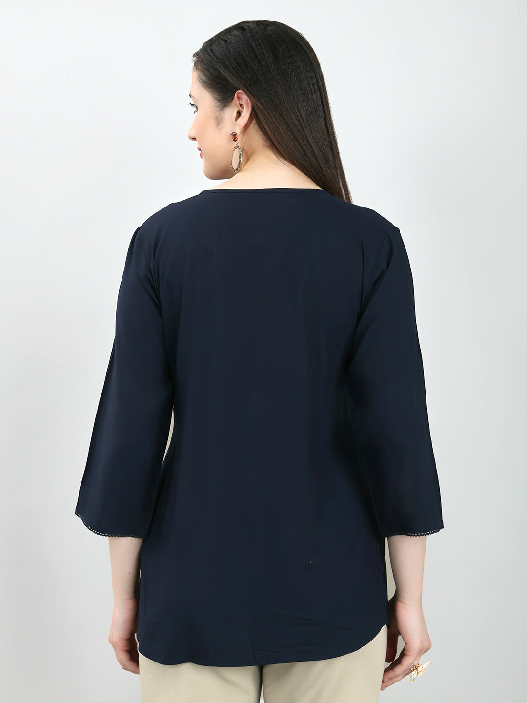 Women Navy Blue Embroidered Fashion Neck Top