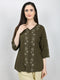 Women Olive Embroidered V Neck 3/4th Sleeve Top
