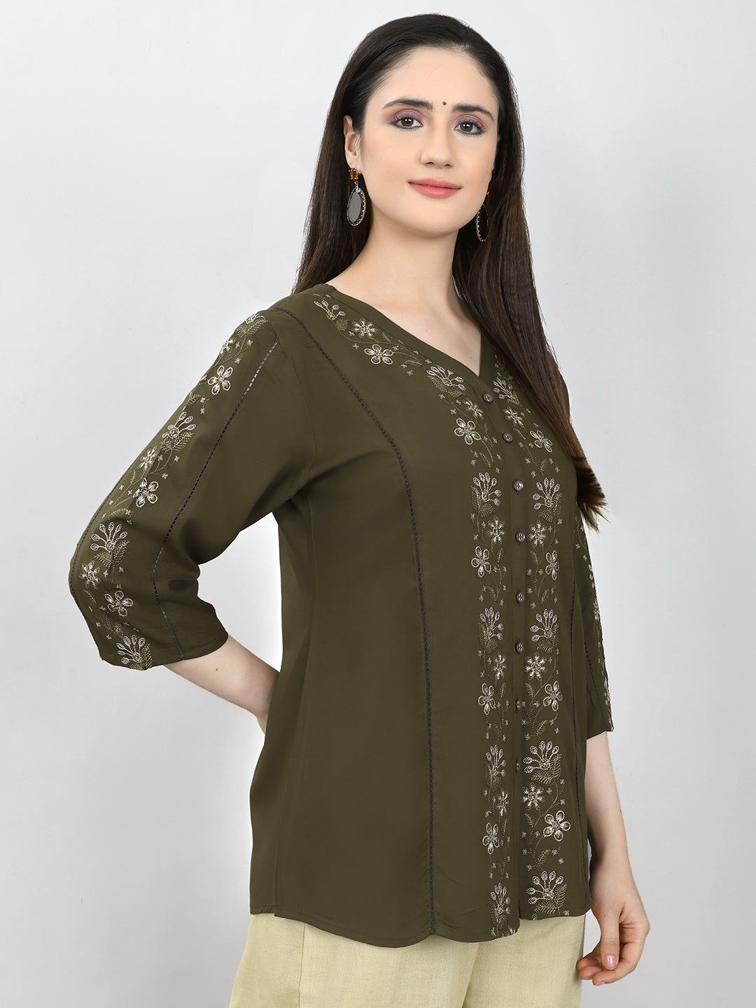 Women Olive Embroidered V Neck 3/4th Sleeve Top