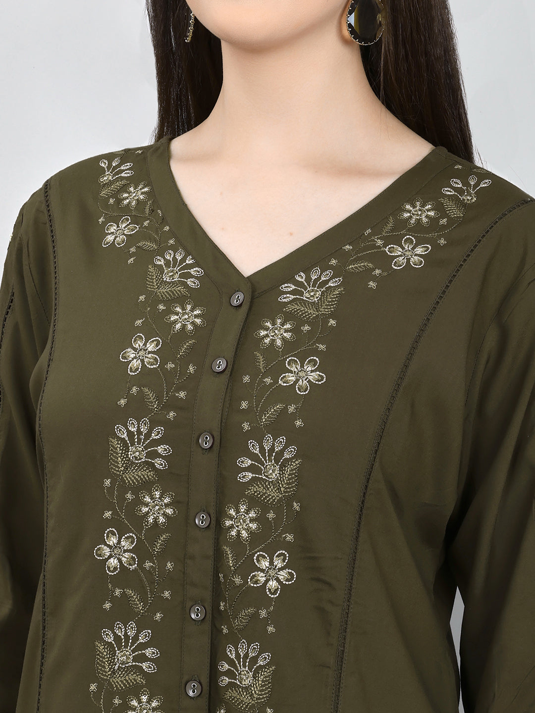 Women Olive Embroidered V Neck 3/4th Sleeve Top