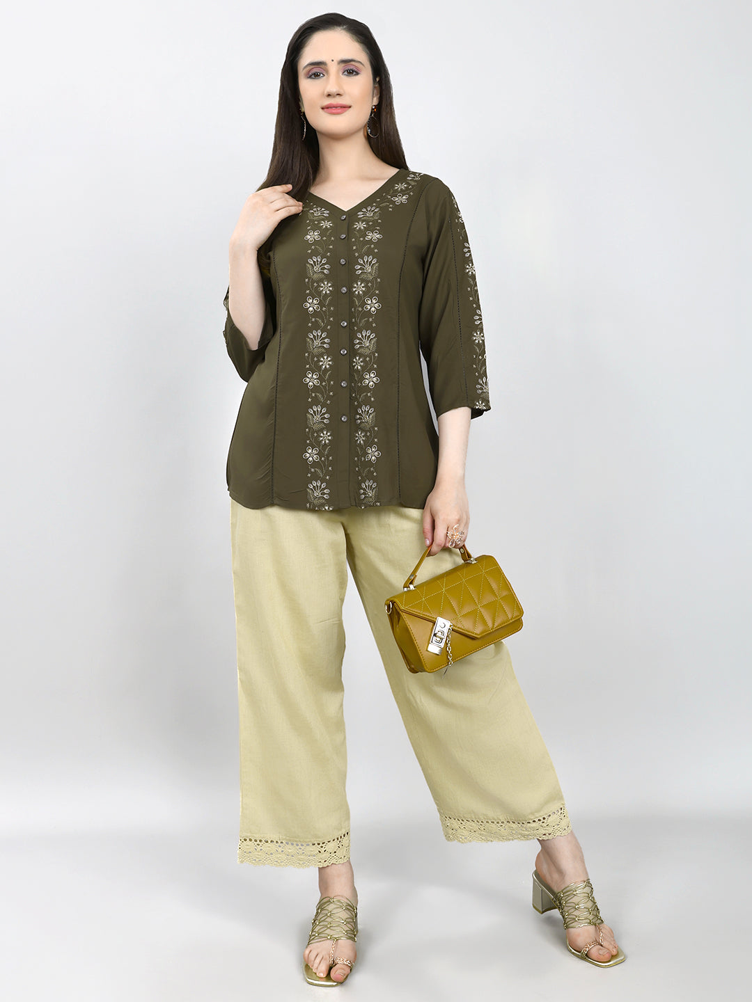 Women Olive Embroidered V Neck 3/4th Sleeve Top